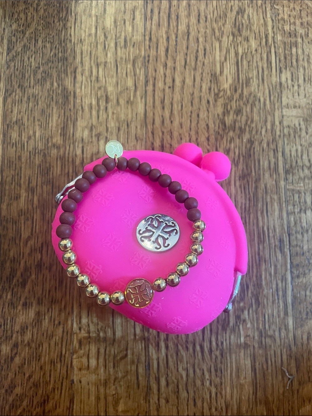 Tory Burch Hot Pink Silicone Kids Coin Purse with Pink and Gold Beaded Bracelet